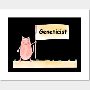 Geneticist. Profession, work, job. Cat shows a banner with the inscription. Watercolor illustration. A gift for a professional. Posters and Art